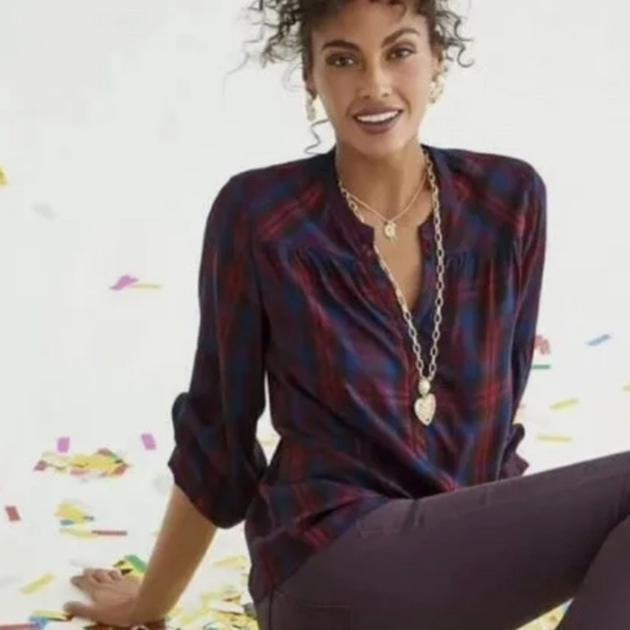 CAbi Tops - CABI 4070 Caroling Plaid Shirt Maroon Blue XS Button Down Blouse Puff 3/4 Sleeve